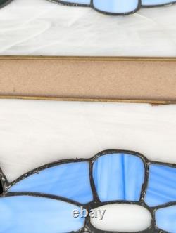 Antique Stained Glass Window 4 Panel Set 17x7 Blue Flower White Handmade