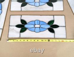 Antique Stained Glass Window 4 Panel Set 17x7 Blue Flower White Handmade