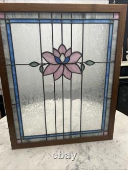 Antique Stained Glass Window Original Wood Casing Simple Flower Design 32x 26