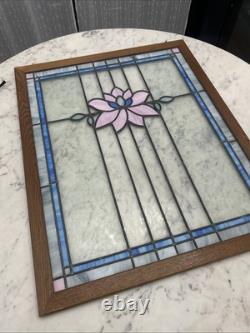 Antique Stained Glass Window Original Wood Casing Simple Flower Design 32x 26