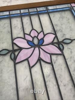 Antique Stained Glass Window Original Wood Casing Simple Flower Design 32x 26