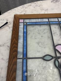 Antique Stained Glass Window Original Wood Casing Simple Flower Design 32x 26