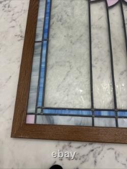 Antique Stained Glass Window Original Wood Casing Simple Flower Design 32x 26