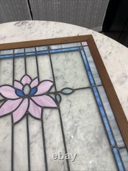 Antique Stained Glass Window Original Wood Casing Simple Flower Design 32x 26