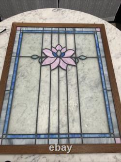 Antique Stained Glass Window Original Wood Casing Simple Flower Design 32x 26