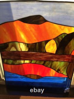 Antique Stained Glass Window Panel Mountain Forest Lake Scene Vibrant 20Hx16L