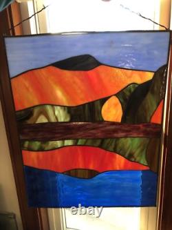 Antique Stained Glass Window Panel Mountain Forest Lake Scene Vibrant 20Hx16L