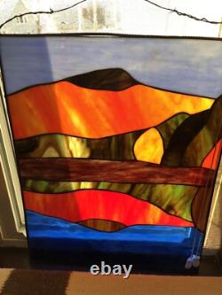 Antique Stained Glass Window Panel Mountain Forest Lake Scene Vibrant 20Hx16L