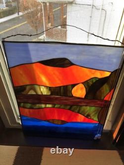 Antique Stained Glass Window Panel Mountain Forest Lake Scene Vibrant 20Hx16L