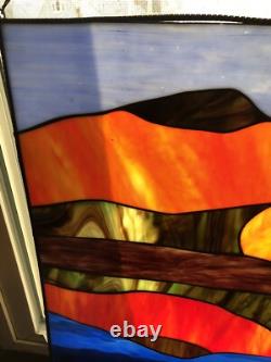 Antique Stained Glass Window Panel Mountain Forest Lake Scene Vibrant 20Hx16L