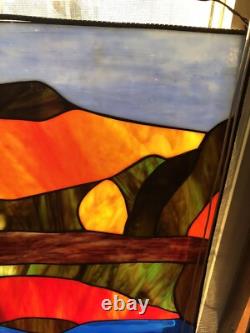 Antique Stained Glass Window Panel Mountain Forest Lake Scene Vibrant 20Hx16L