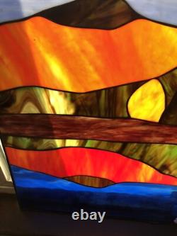 Antique Stained Glass Window Panel Mountain Forest Lake Scene Vibrant 20Hx16L