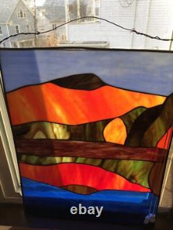 Antique Stained Glass Window Panel Mountain Forest Lake Scene Vibrant 20Hx16L