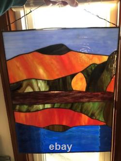 Antique Stained Glass Window Panel Mountain Forest Lake Scene Vibrant 20Hx16L