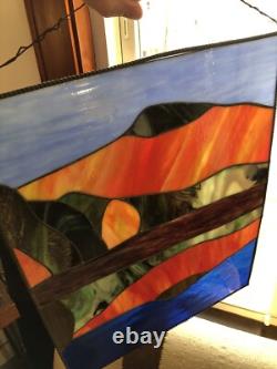 Antique Stained Glass Window Panel Mountain Forest Lake Scene Vibrant 20Hx16L