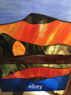 Antique Stained Glass Window Panel Mountain Forest Lake Scene Vibrant 20Hx16L