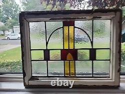 Antique Stained Glass Window Panel Vintage Wood Nouveau Art Deco 22 X 17 1/2