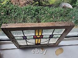 Antique Stained Glass Window Panel Vintage Wood Nouveau Art Deco 22 X 17 1/2