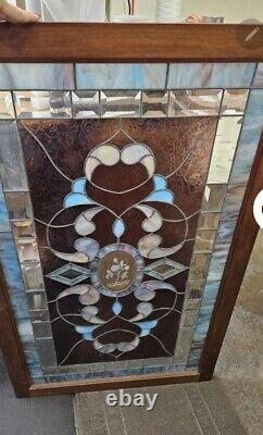 Antique Stained Glass Window Salvage STAINED GLASS FRAMED PANEL 27 X 44.5