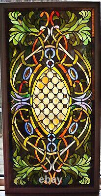 Antique Stained Leaded Glass Window Panel Transom Hand Crafted 20¾ x 40½ framed