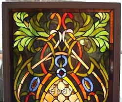 Antique Stained Leaded Glass Window Panel Transom Hand Crafted 20¾ x 40½ framed