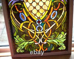 Antique Stained Leaded Glass Window Panel Transom Hand Crafted 20¾ x 40½ framed