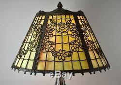Antique Stained Slag Glass Panel Shade On Pairpoint Lamp Base