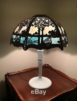 Antique Victorian Landscape Scene Miller Panel Stained Slag Glass Lamp Gorgeous