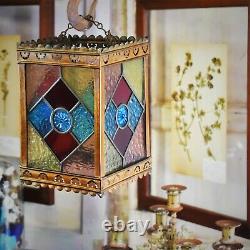 Antique Victorian Stained Glass Coloured Leaded Panelled Lantern Light Shade