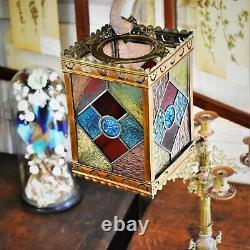 Antique Victorian Stained Glass Coloured Leaded Panelled Lantern Light Shade