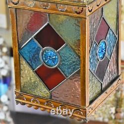 Antique Victorian Stained Glass Coloured Leaded Panelled Lantern Light Shade