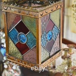 Antique Victorian Stained Glass Coloured Leaded Panelled Lantern Light Shade