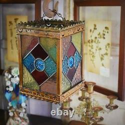 Antique Victorian Stained Glass Coloured Leaded Panelled Lantern Light Shade