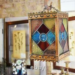 Antique Victorian Stained Glass Coloured Leaded Panelled Lantern Light Shade