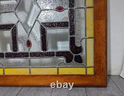 Antique Victorian Stained Leaded Beveled Glass Window Panel Salvage Wood Frame