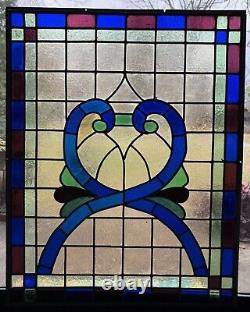 Antique Vintage Leaded Stained Glass Window Panel 30.75x24.5 Amber Blue Green