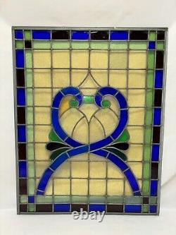 Antique Vintage Leaded Stained Glass Window Panel 30.75x24.5 Amber Blue Green