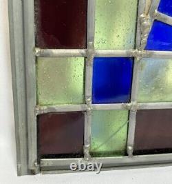 Antique Vintage Leaded Stained Glass Window Panel 30.75x24.5 Amber Blue Green