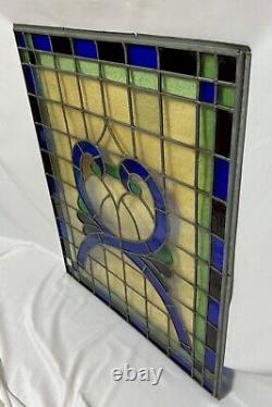 Antique Vintage Leaded Stained Glass Window Panel 30.75x24.5 Amber Blue Green