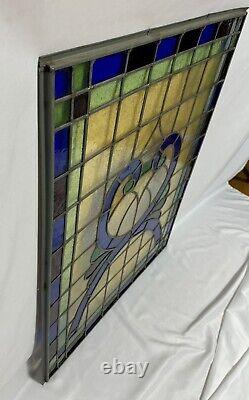 Antique Vintage Leaded Stained Glass Window Panel 30.75x24.5 Amber Blue Green