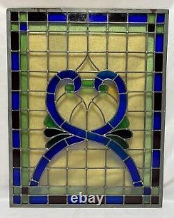 Antique Vintage Leaded Stained Glass Window Panel 30.75x24.5 Amber Blue Green