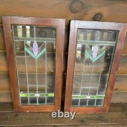 Antique Vintage Set of 2 Leaded Stained Glass Panel Cabinet Doors