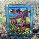 Antique Vintage Stained Leaded Glass Art Panel Farmer On Donkey Windmill