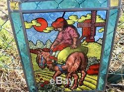 Antique Vintage Stained Leaded Glass Art Panel Farmer On Donkey Windmill