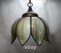 Antique Vtg Stained Slag Glass Green Tulip Shade 8 Panel Hanging Lamp Pendant