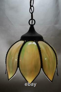 Antique Vtg Stained Slag Glass Green Tulip Shade 8 Panel Hanging Lamp Pendant