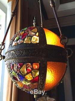 Antique leaded Chunk Jewel Stained Glass Panel Globe Orb Hanging Chandelier Lamp