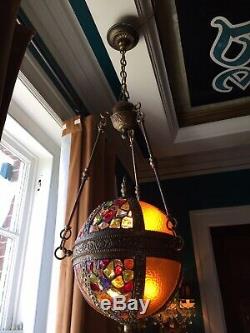 Antique leaded Chunk Jewel Stained Glass Panel Globe Orb Hanging Chandelier Lamp