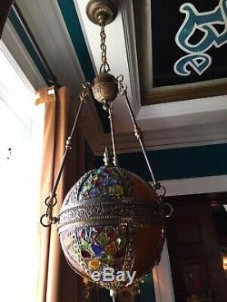 Antique leaded Chunk Jewel Stained Glass Panel Globe Orb Hanging Chandelier Lamp