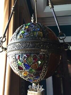 Antique leaded Chunk Jewel Stained Glass Panel Globe Orb Hanging Chandelier Lamp